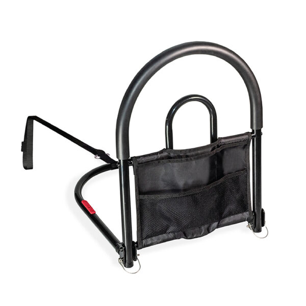 Stander Bed Rail Advantage Traveler, shown folded on a bed, providing secure support for bed transfers at home or on-the-go.