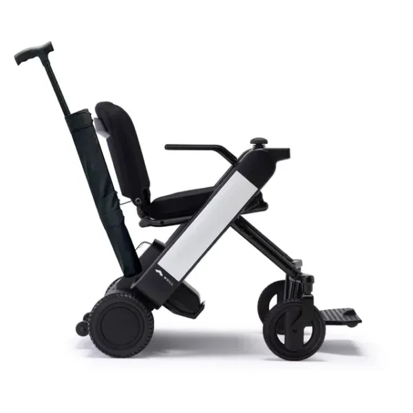 Cane Holder Kit securely attached to WHILL Model F, providing convenient cane storage for easy access.