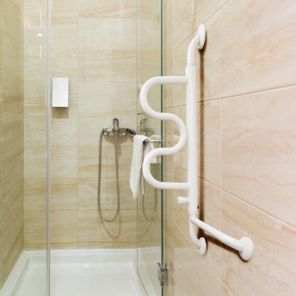 Curve Grab Bar with 360° rotating handle, offering four grip positions for safe transfers in any room.