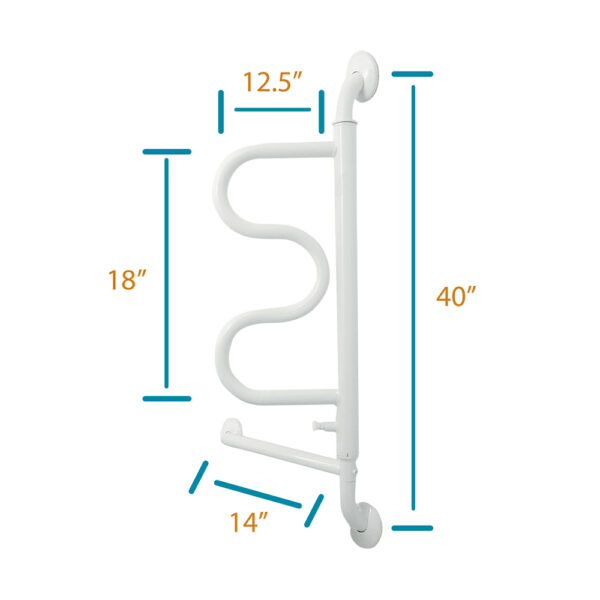 Curve Grab Bar with 360° rotating handle, offering four grip positions for safe transfers in any room.