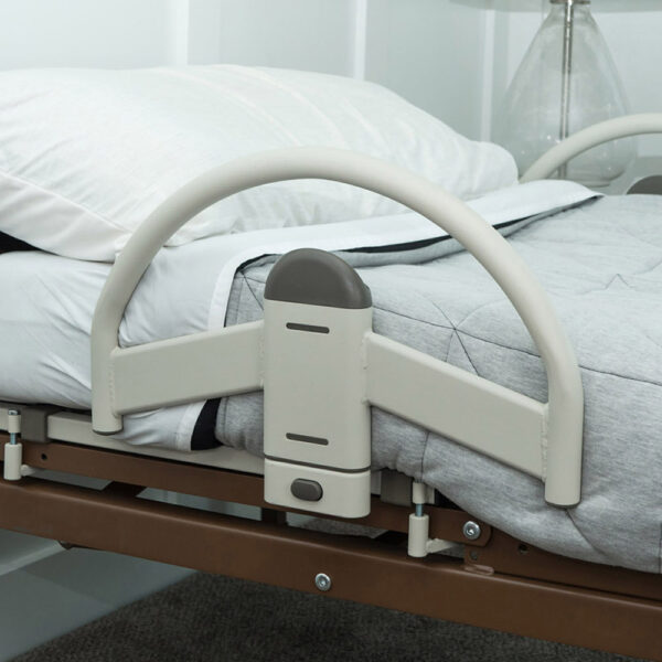 Stander EZ Click LTC Bed Handle installed on a bed, showing the easy click-on design and secure support handle.