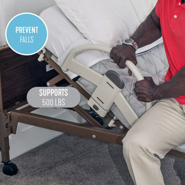 Stander EZ Click LTC Bed Handle installed on a bed, showing the easy click-on design and secure support handle.