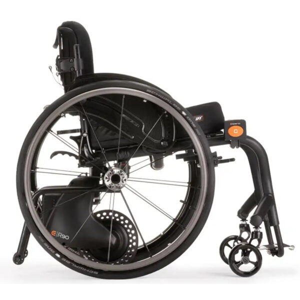 Empulse R90 Power Assist Device attached to a wheelchair, providing lightweight mobility support with a range of up to 9 miles.