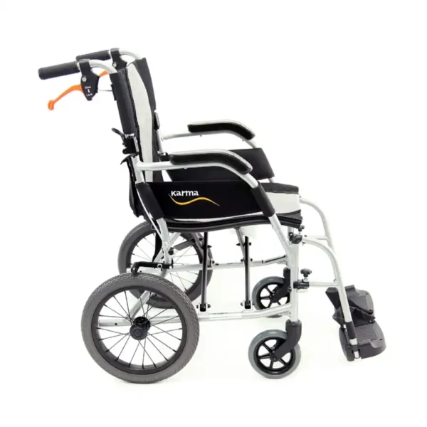 Ultra-lightweight Karman Ergo Flight Wheelchair with ergonomic S-shaped seat and foldable aluminum frame for easy transport.