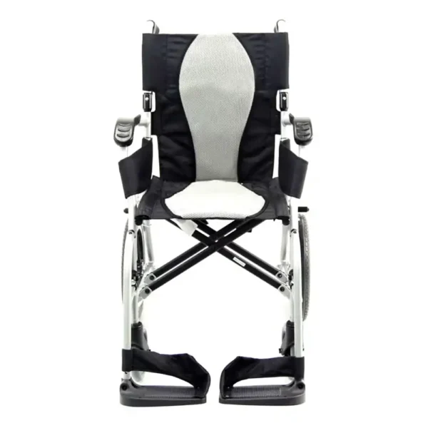 Ultra-lightweight Karman Ergo Flight Wheelchair with ergonomic S-shaped seat and foldable aluminum frame for easy transport.