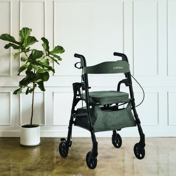 Essentials Rollator with padded seat, backrest, 6” swivel wheels, cup holder, and cane holder, designed for portability and convenience.
