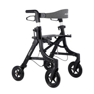 Essentials Compact Rollator with shopping bag, backrest, 6” wheels, cane holder, and cup holder in a lightweight, foldable design.