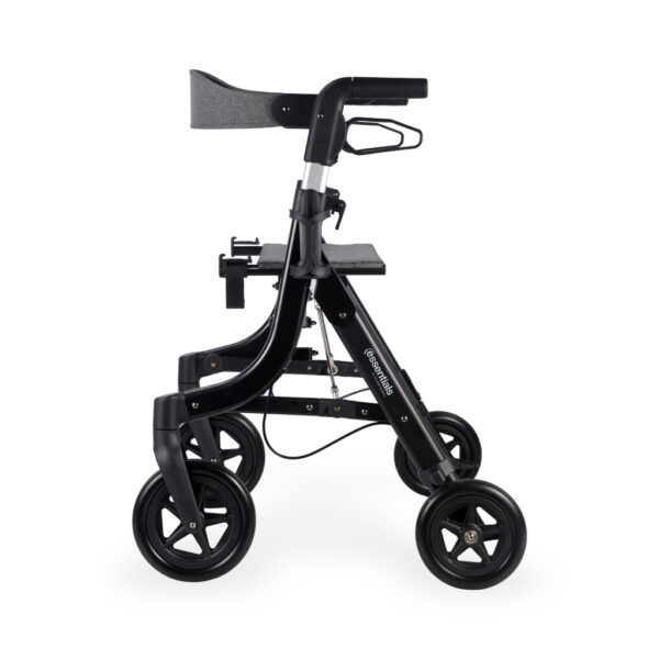 Essentials Compact Rollator with shopping bag, backrest, 6” wheels, cane holder, and cup holder in a lightweight, foldable design.