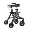 Essentials Compact Rollator with shopping bag, backrest, 6” wheels, cane holder, and cup holder in a lightweight, foldable design.