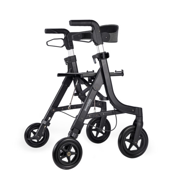 Essentials Compact Rollator with shopping bag, backrest, 6” wheels, cane holder, and cup holder in a lightweight, foldable design.