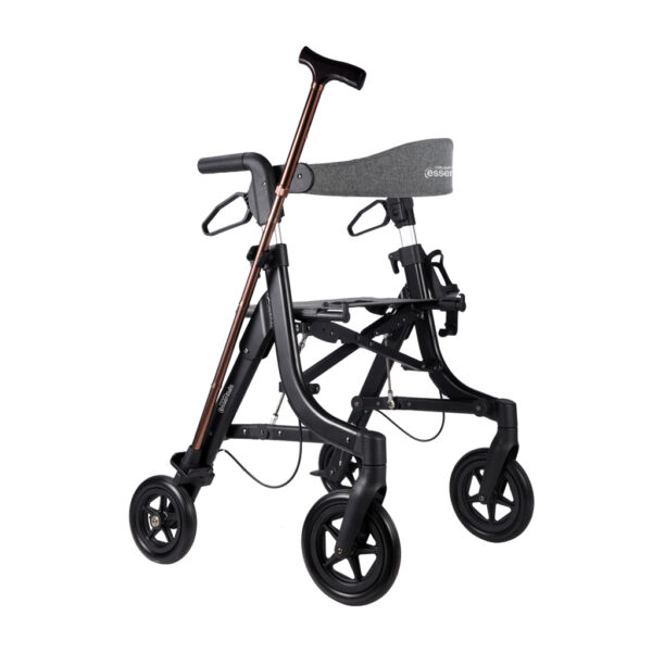 Essentials Compact Rollator with shopping bag, backrest, 6” wheels, cane holder, and cup holder in a lightweight, foldable design.