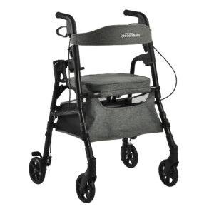 Essentials Rollator with padded seat, backrest, 6” swivel wheels, cup holder, and cane holder, designed for portability and convenience.
