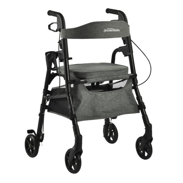 Essentials Rollator with padded seat, backrest, 6” swivel wheels, cup holder, and cane holder, designed for portability and convenience.
