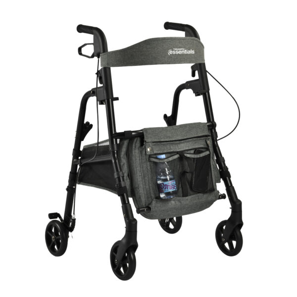 Essentials Rollator with padded seat, backrest, 6” swivel wheels, cup holder, and cane holder, designed for portability and convenience.