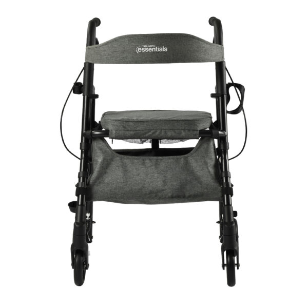 Essentials Rollator with padded seat, backrest, 6” swivel wheels, cup holder, and cane holder, designed for portability and convenience.