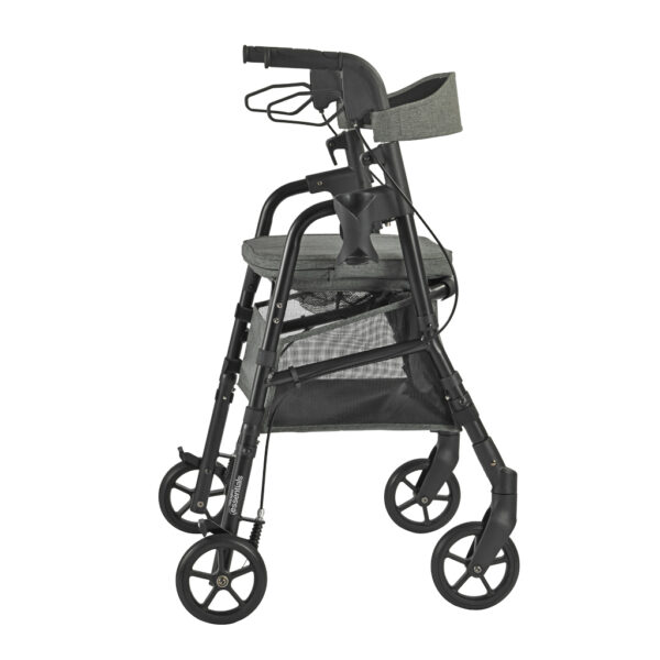 Essentials Rollator with padded seat, backrest, 6” swivel wheels, cup holder, and cane holder, designed for portability and convenience.