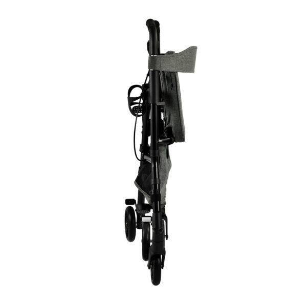 Essentials Rollator with padded seat, backrest, 6” swivel wheels, cup holder, and cane holder, designed for portability and convenience.