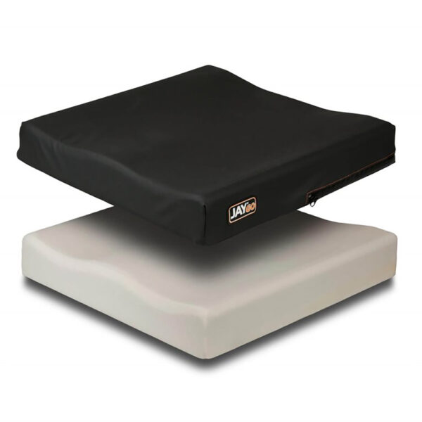JAY GO Wheelchair Cushion with dual-layered foam and a Dartex moisture-resistant cover, providing mild contouring and comfort for low-risk users.