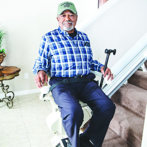 Harmar Pinnacle Stair Lift installed on a staircase, showing a compact and smooth operation for enhanced home mobility.