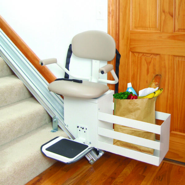 Harmar SL350AC Stairlift installed indoors, showing a wide padded seat, adjustable footrest, and sturdy aluminum track.