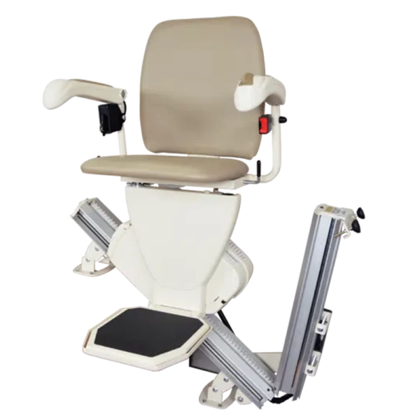 Harmar Pinnacle SL600 Stair Lift installed on a staircase, showcasing its compact folded profile and smooth operation.