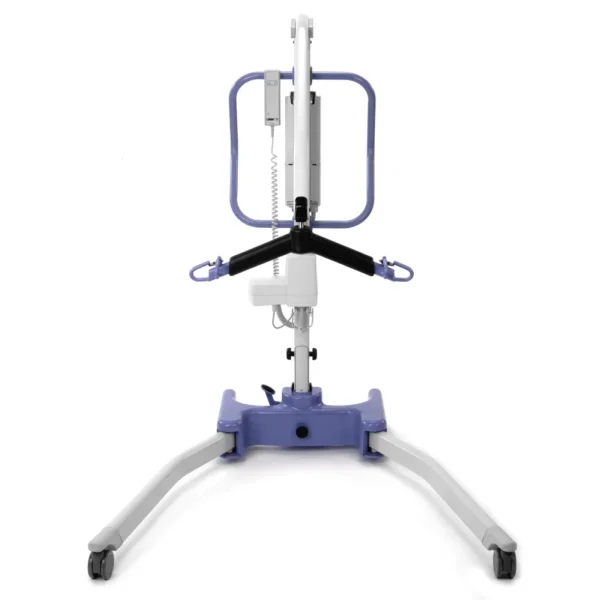 Hoyer Advance Patient Lift with lightweight aluminum frame, swan neck-style legs, and foldable design, shown navigating around a wheelchair.
