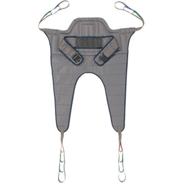 Invacare Premier Series Stand-Assist Sling in gray with blue binding, designed for toileting and weight-bearing transfers with Invacare Stand-Up Lifts.