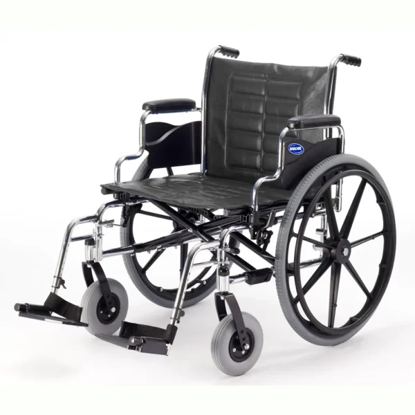 Invacare Tracer IV Heavy-Duty Wheelchair with reinforced carbon steel frame, flip-back armrests, and durable urethane rear wheels.