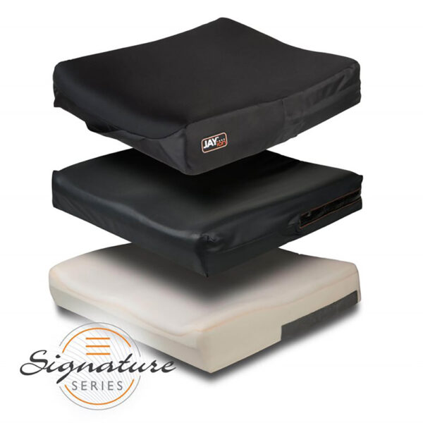 JAY Ion wheelchair cushion with multi-layered foam base and antimicrobial, moisture-resistant covers for advanced comfort and skin protection.