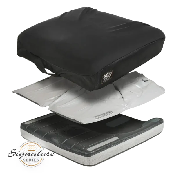 JAY J2 wheelchair cushion with pre-contoured foam base and JAY Flow fluid tripad for superior skin protection and stability.