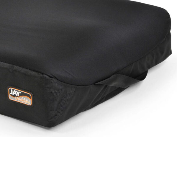 JAY Union wheelchair cushion with JAY Flow™ fluid and memory foam layers, moisture-resistant inner cover, and antimicrobial outer cover for superior skin protection.