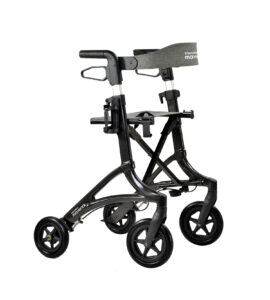 Triumph Maverick Rollator with a lightweight frame, ergonomic handles, and built-in seat, designed for easy mobility and comfortable rest.