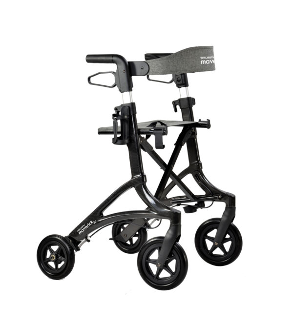 Triumph Maverick Rollator with a lightweight frame, ergonomic handles, and built-in seat, designed for easy mobility and comfortable rest.