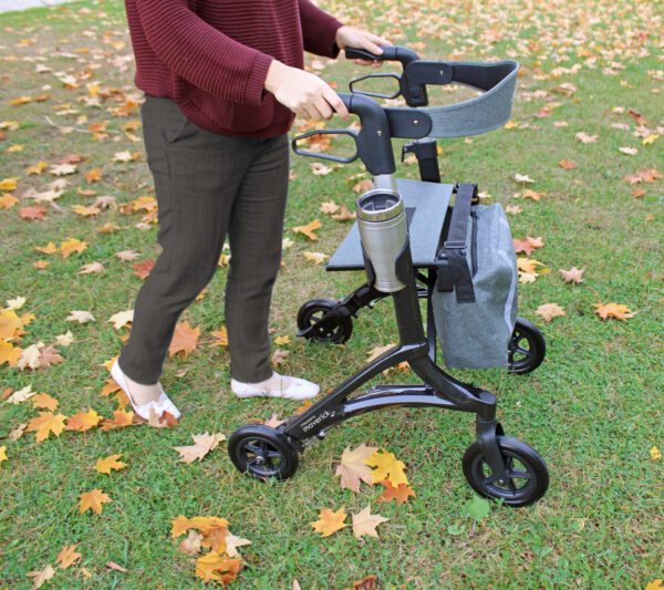 Triumph Maverick Rollator with a lightweight frame, ergonomic handles, and built-in seat, designed for easy mobility and comfortable rest.