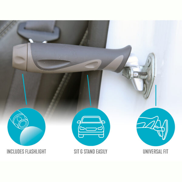 Ergonomic Metro Car Handle Plus with built-in LED flashlight, designed for easy car entry and exit support.