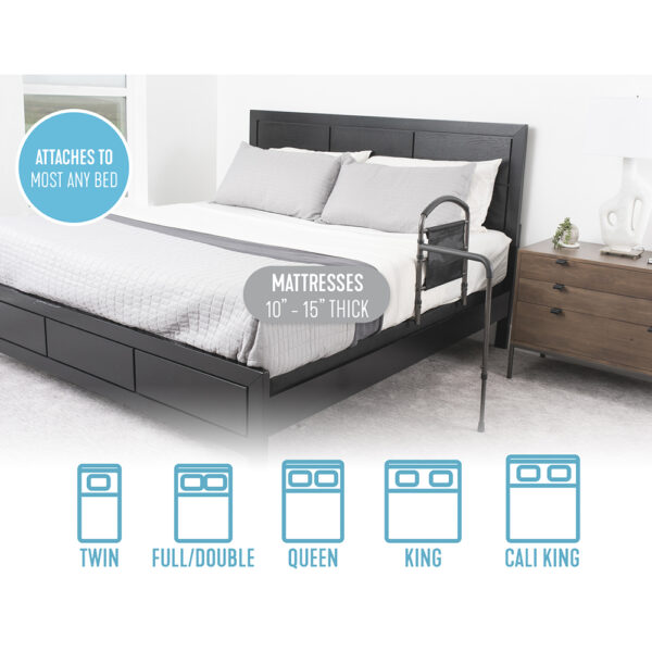 Stander Mobility Bed Rail with pivoting support handle, securely installed on a bed for safe transitions and fall protection.