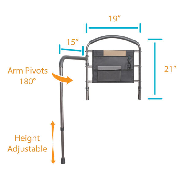 Stander Mobility Bed Rail with pivoting support handle, securely installed on a bed for safe transitions and fall protection.