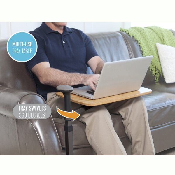 Omni Tray with 360° swivel tray and support handle, designed for easy access and stable support by chairs and sofas.