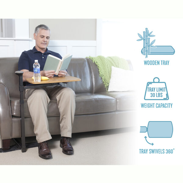 Omni Tray with 360° swivel tray and support handle, designed for easy access and stable support by chairs and sofas.