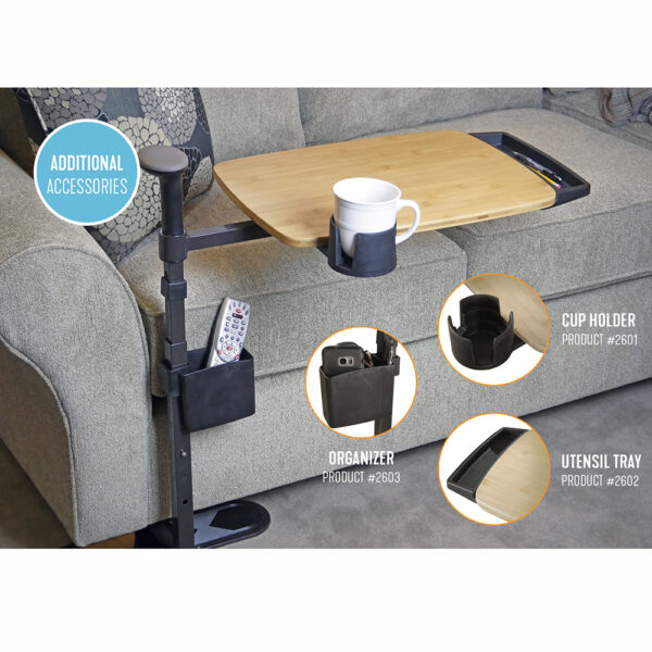 Omni Tray with 360° swivel tray and support handle, designed for easy access and stable support by chairs and sofas.