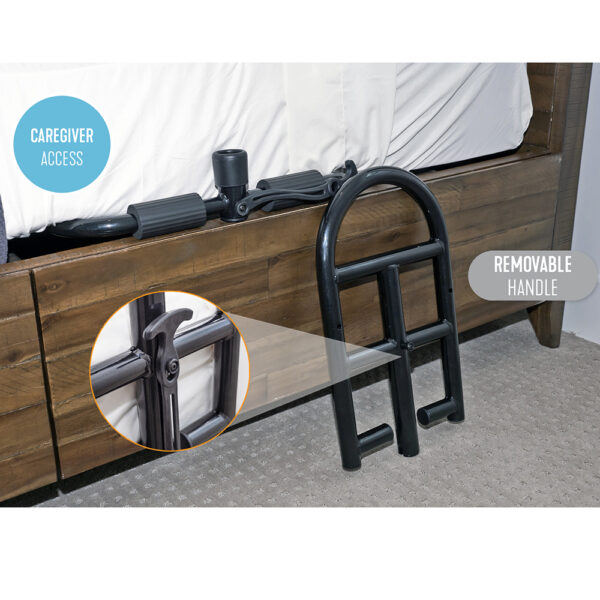 Stander Prime Safety Bed Handle attached to a bed, providing secure, compact support for safe bed transitions.