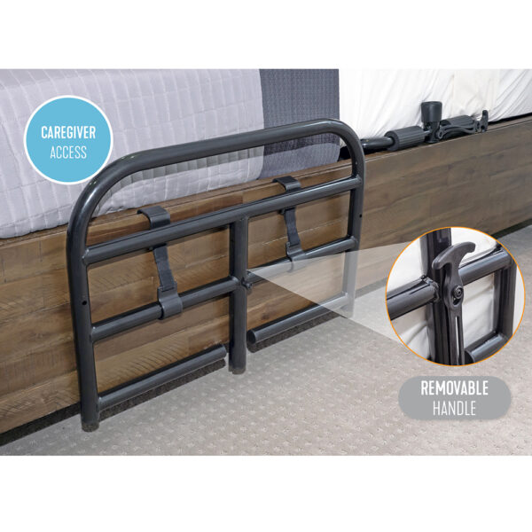 Stander Prime Safety Bed Rail with pivoting design, installed on a bed for extended bedside protection and easy access.