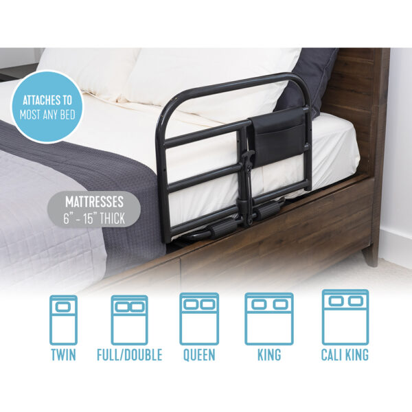 Stander Prime Safety Bed Rail with pivoting design, installed on a bed for extended bedside protection and easy access.