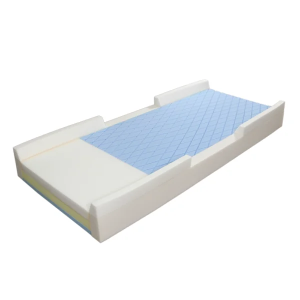 Protekt 300 pressure redistribution foam mattress with multi-tiered foam, nylon cover, and PTSS Rail System for patient support.
