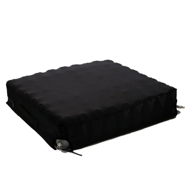 Protekt O2 wheelchair cushion with interconnected air cells, designed for pressure relief and stability, shown with nylon cover and included hand pump.