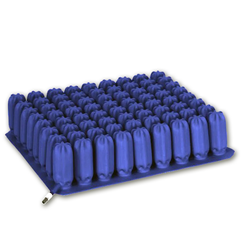Protekt O2 wheelchair cushion with interconnected air cells, designed for pressure relief and stability, shown with nylon cover and included hand pump.