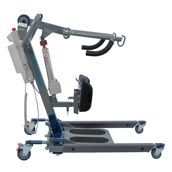 "Protekt Stand Assist Lift with ergonomic knee support, foot pedal base adjustment, and locking casters for safe and efficient patient transfers."
