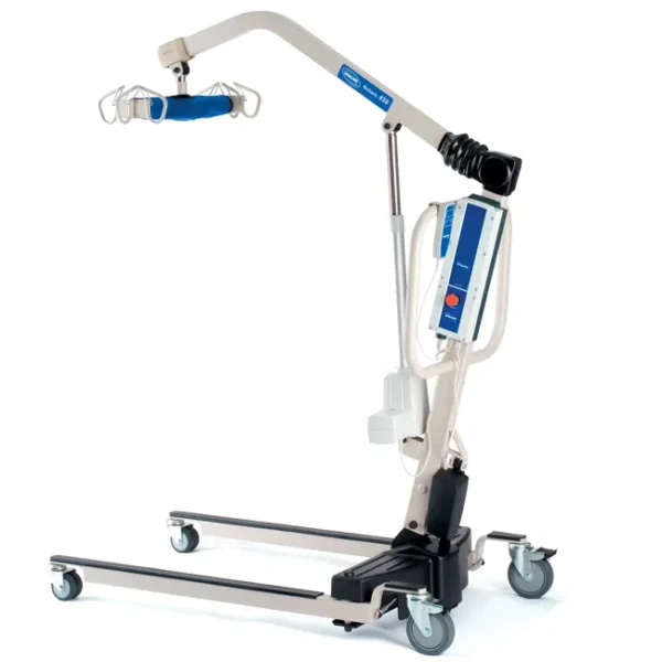 Invacare Reliant 450 Power Patient Lift with ergonomic handles and electric operation, designed for safe, comfortable patient transfers.