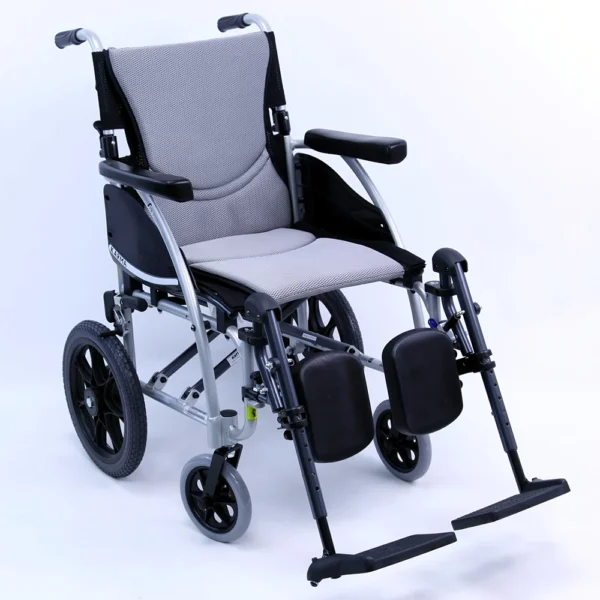 Lightweight S-Ergo 115 Transport Wheelchair with S-shaped ergonomic seat, foldable aluminum frame, and anti-bacterial upholstery.