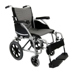 Lightweight S-Ergo 115 Transport Wheelchair with S-shaped ergonomic seat, foldable aluminum frame, and anti-bacterial upholstery.